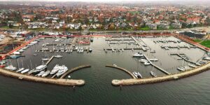 Skovshoved Harbor overview with deployed temporary water diversion barriers